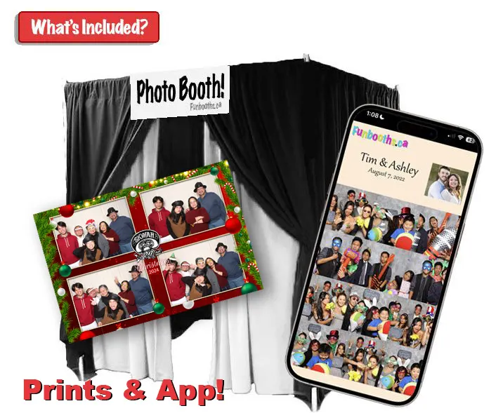 Enclosed Funbooths photo booth with sample photo prints and the photo-sharing app