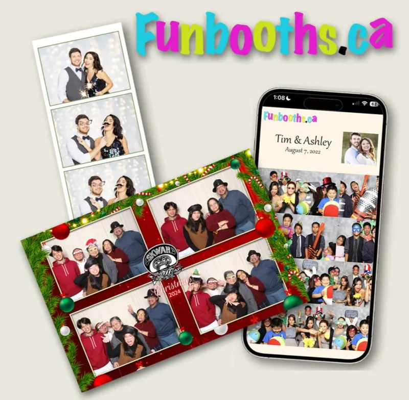 Sample photo booth prints next to a phone showing the event photo-sharing app